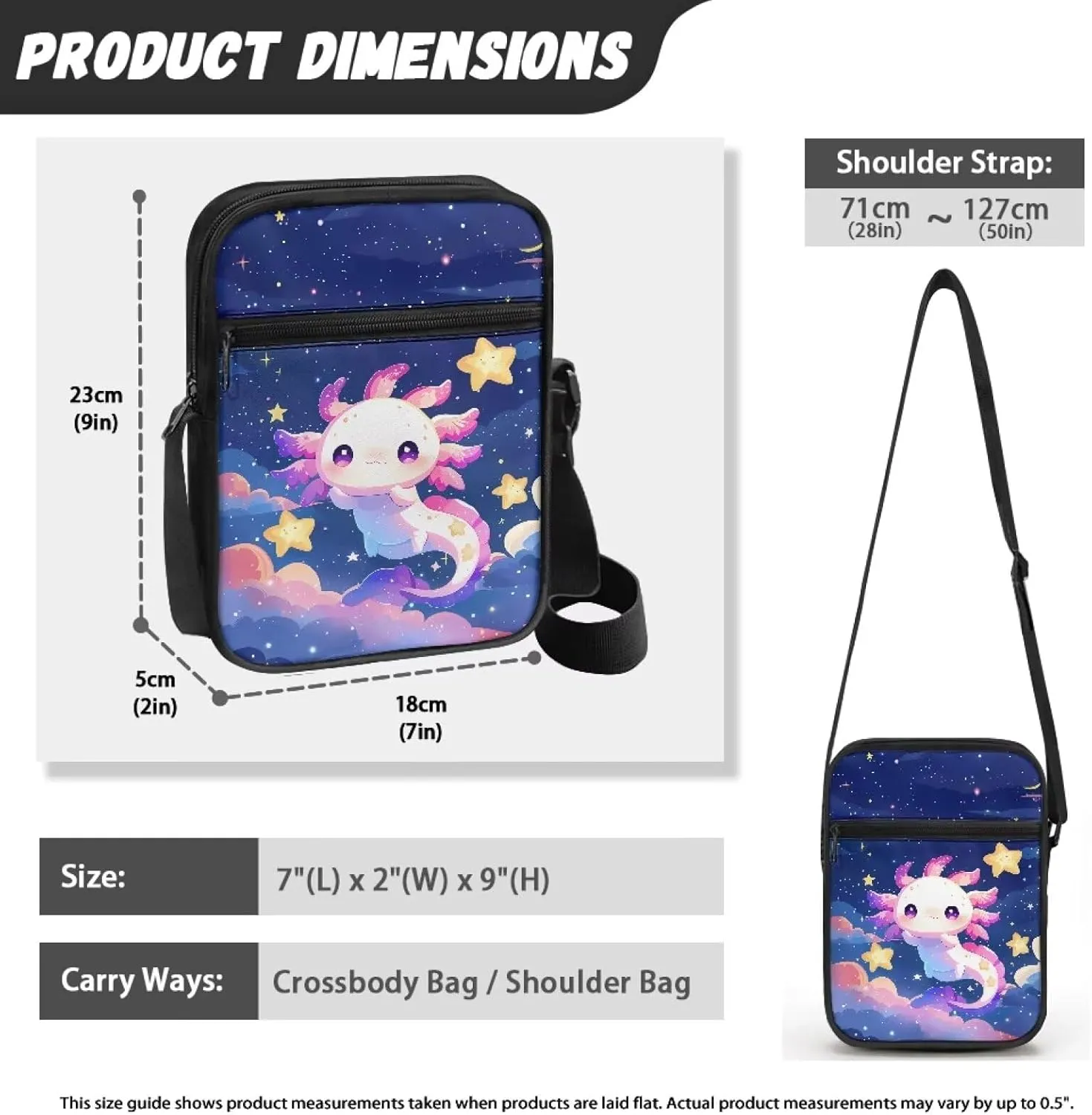 Galaxy Axolotl Trendy Crossbody Organizer Cute Small Messenger Bag for Travelers Breathable Canvas Shoulder Handbag Gym Hiking Campus Essentials