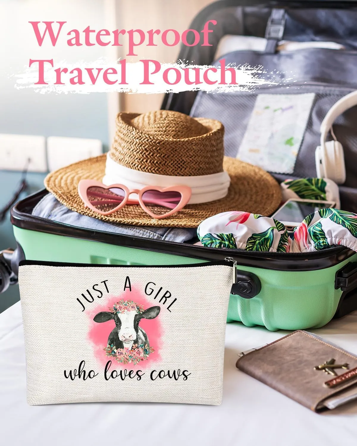 Gift for Best Friends Woman Female - Cosmetic Make Up Pouch Travel Toiletry Case with Trendy Pink Cow Aesthetic Design for Teen s Birthday Going-away Coworker