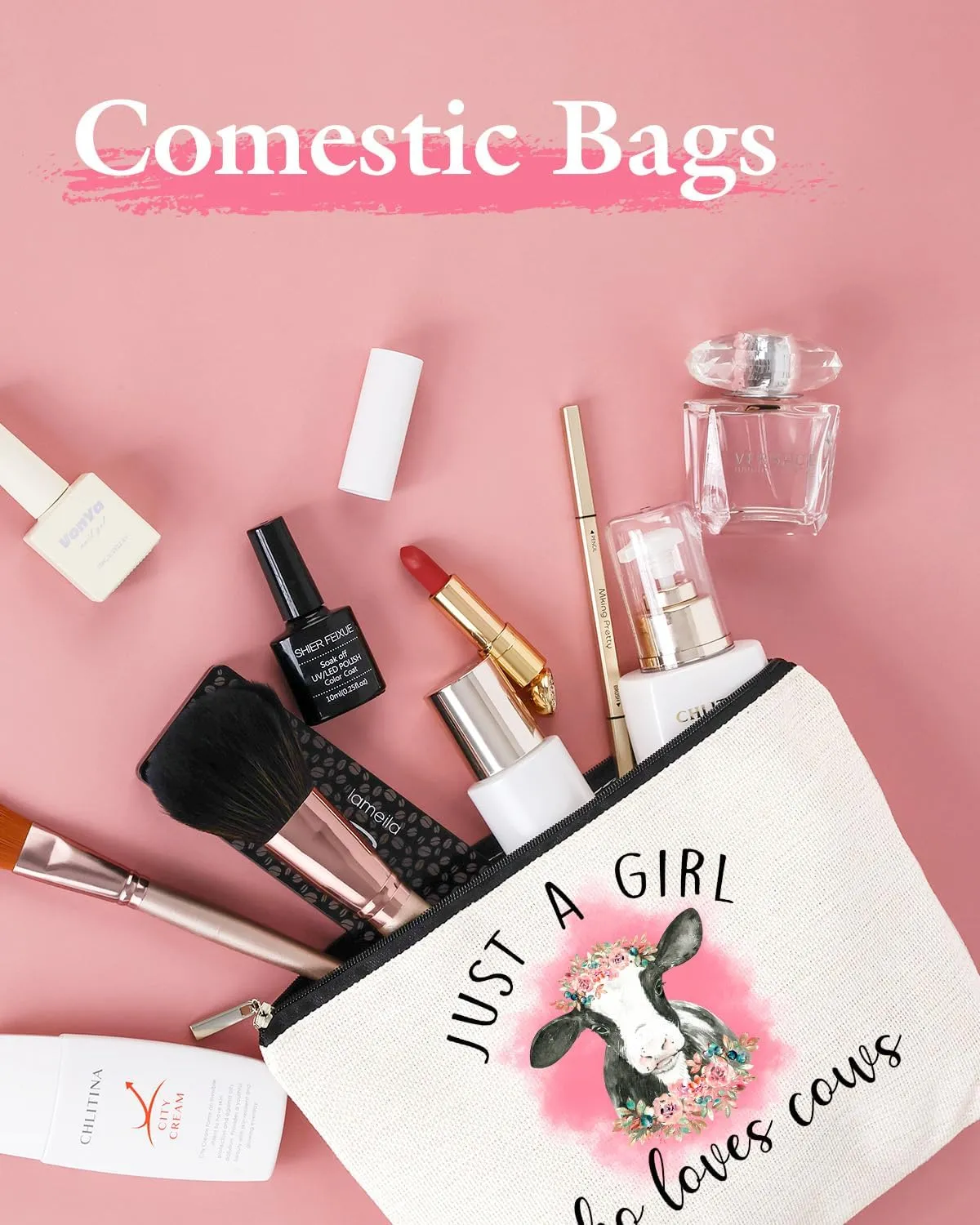 Gift for Best Friends Woman Female - Cosmetic Make Up Pouch Travel Toiletry Case with Trendy Pink Cow Aesthetic Design for Teen s Birthday Going-away Coworker