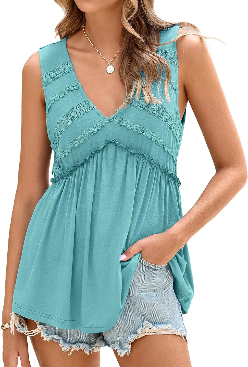 Glamaker Women Summer Tank Tops Babydoll Beach Lace Peplum Tops Flowy Sleeveless V Neck Casual Tunic Shirts