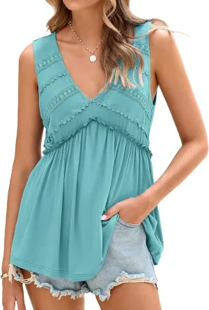 Glamaker Women Summer Tank Tops Babydoll Beach Lace Peplum Tops Flowy Sleeveless V Neck Casual Tunic Shirts