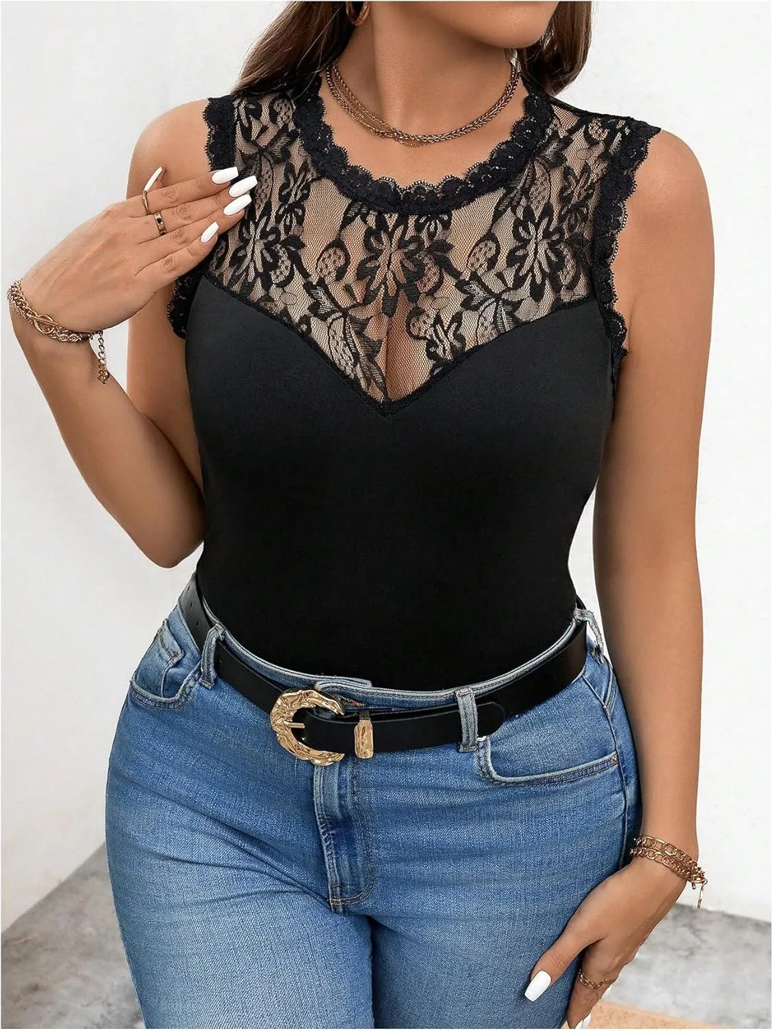 GORGLITTER Women's Plus Size Tank Tops Sheer Mesh Lace Sleeveless Crew Neck Patchwork Top See Through Going Out Tops