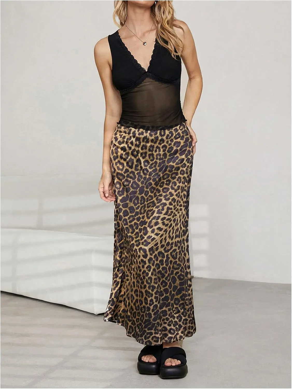GORGLITTER Women's Y2k Cheetah Leopard Print Skirt High Waist Flared Long Skirts