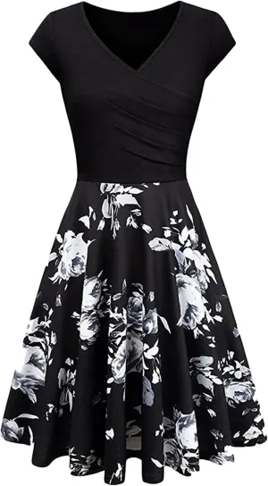 GORIFE Women's Casual Cap Sleeve Summer Dresses Criss-Cross V-Neck Dress Floral Flare Midi Dress