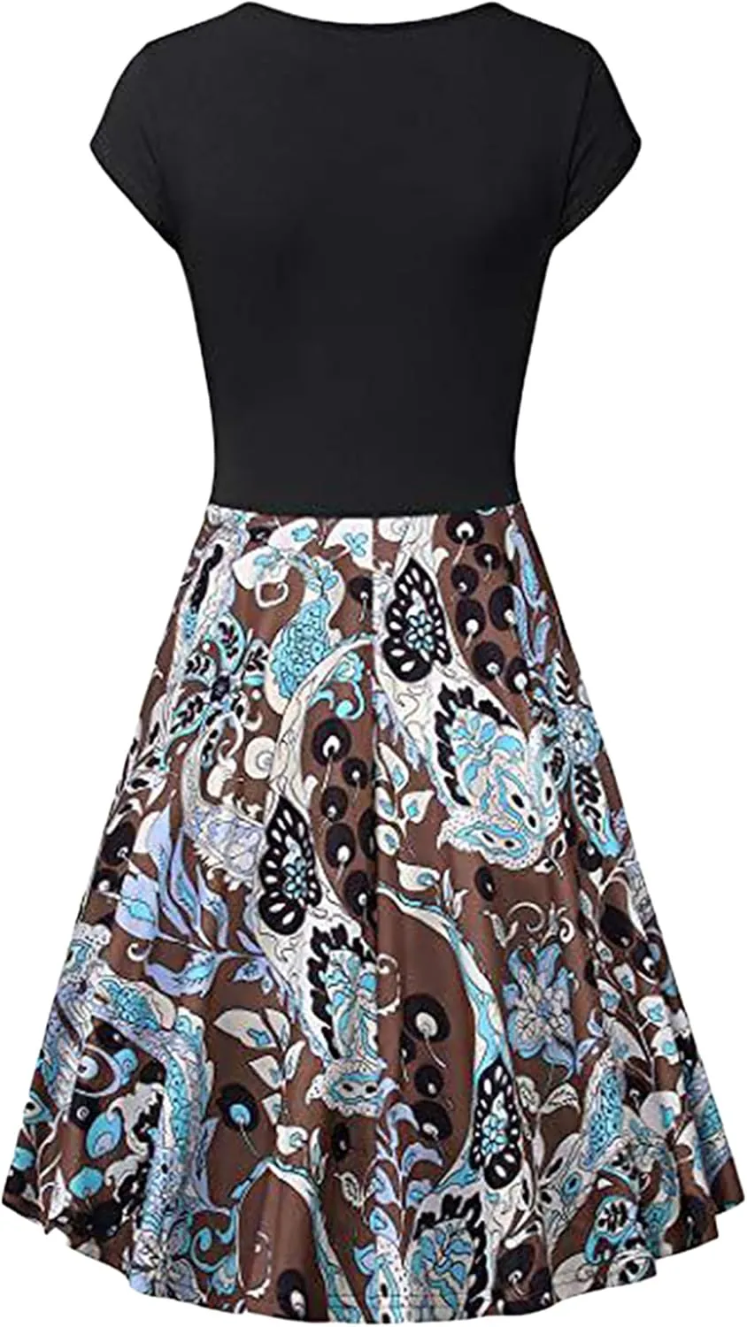 GORIFE Women's Casual Cap Sleeve Summer Dresses Criss-Cross V-Neck Dress Floral Flare Midi Dress