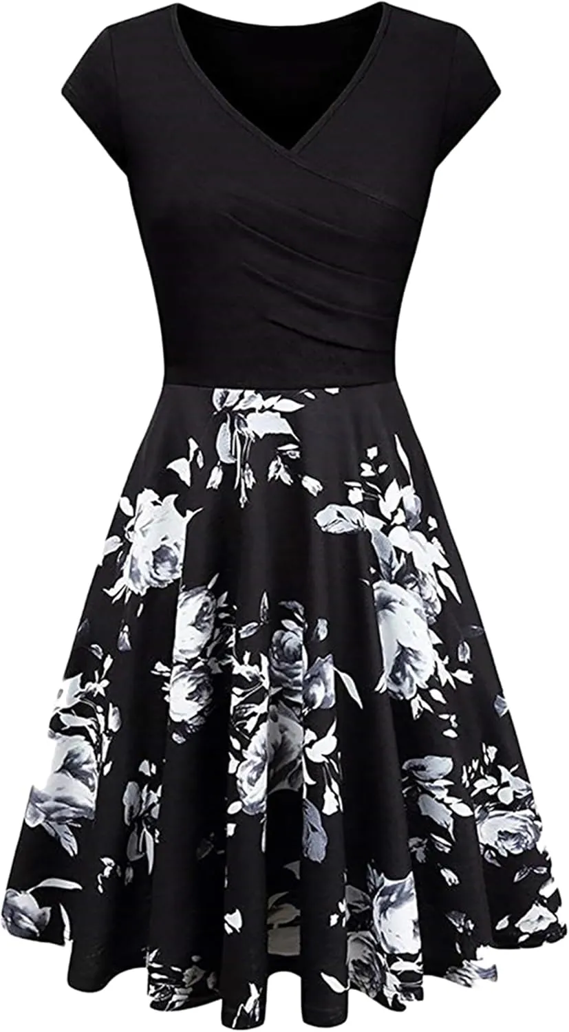 GORIFE Women's Casual Cap Sleeve Summer Dresses Criss-Cross V-Neck Dress Floral Flare Midi Dress