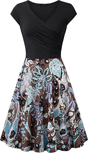 GORIFE Women's Casual Cap Sleeve Summer Dresses Criss-Cross V-Neck Dress Floral Flare Midi Dress