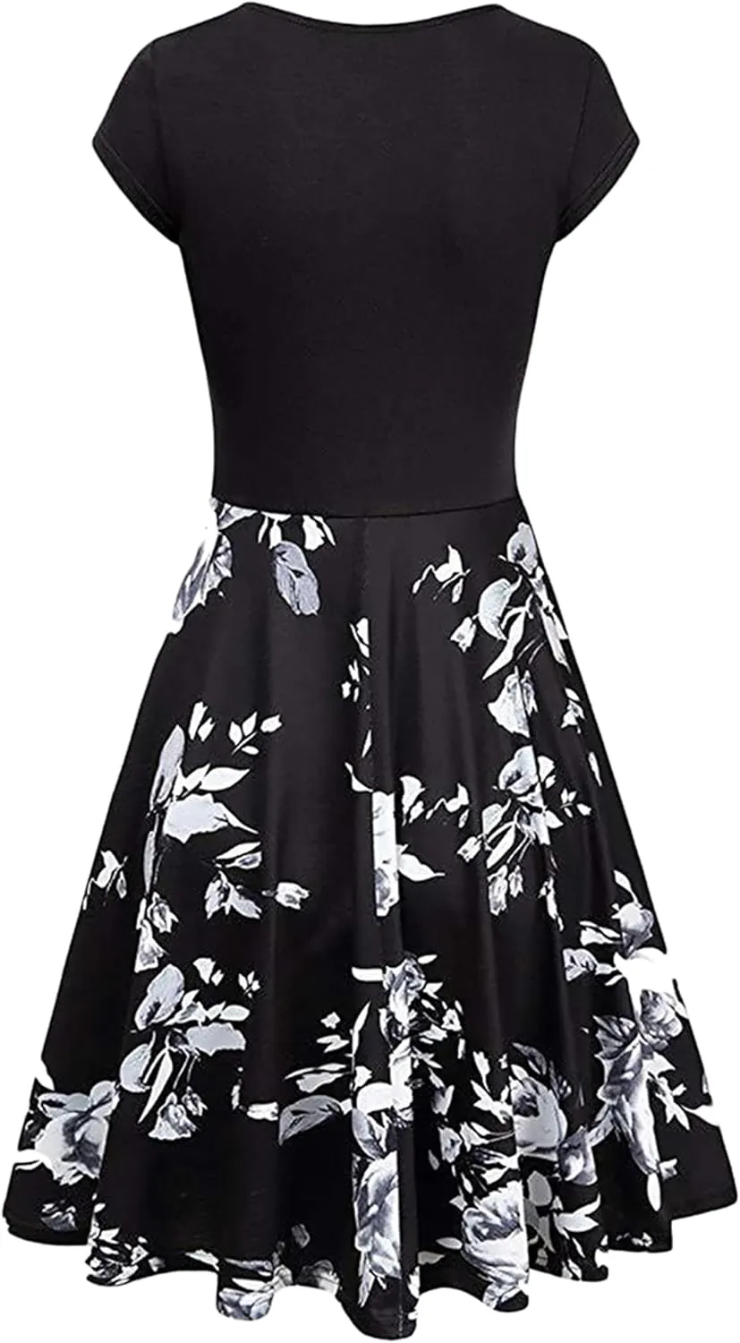 GORIFE Women's Casual Cap Sleeve Summer Dresses Criss-Cross V-Neck Dress Floral Flare Midi Dress