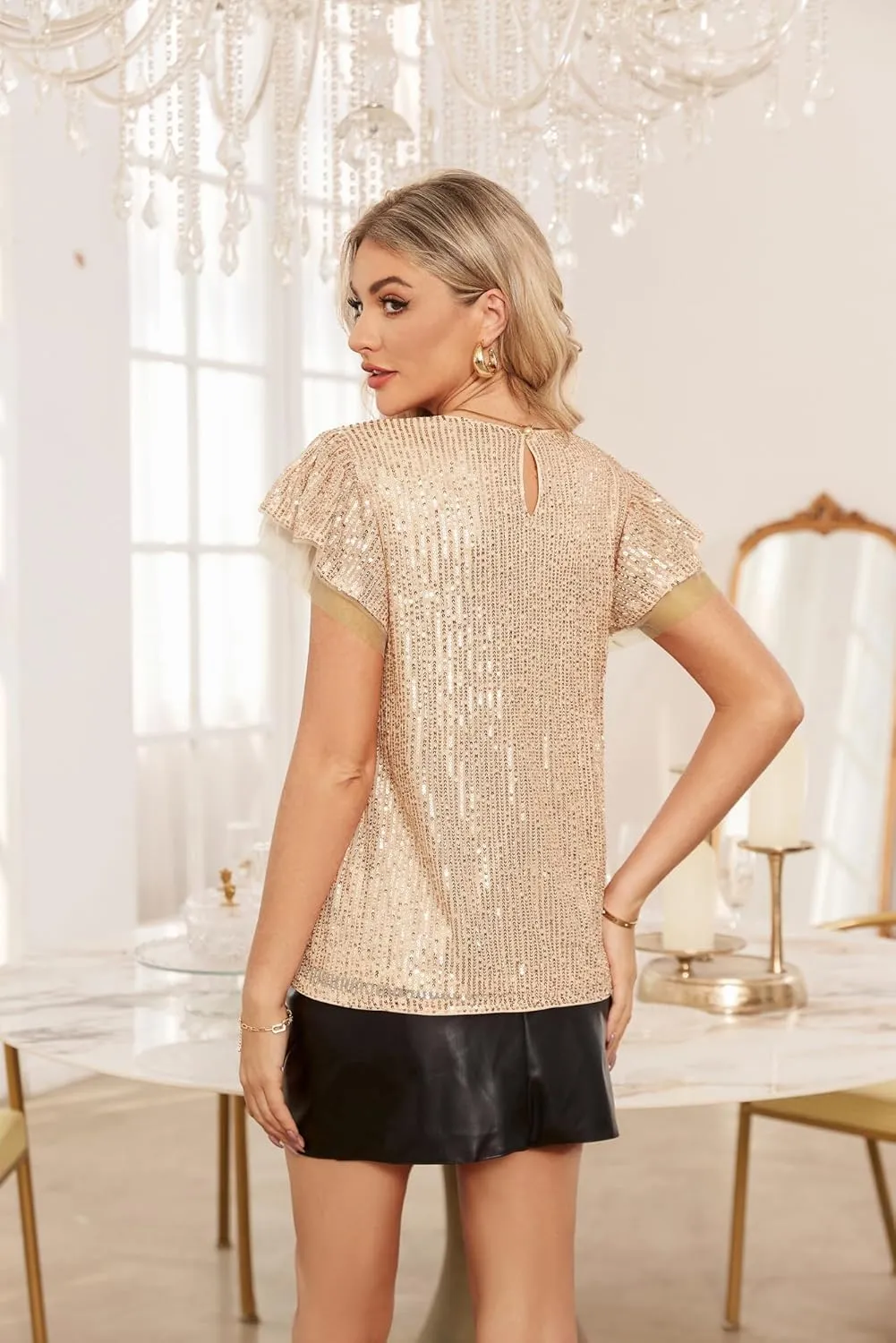 GRACE KARIN Women's Sparkly Sequin Tops Short Sleeve Glitter Dressy Blouses Round Neck Club Ruffle Party Tops