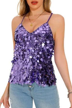 GUANYY Sequin Tops for Women Sparkly Strappy Tank Tops Sexy V Neck Top Concert Outfits Party Disco Club Night