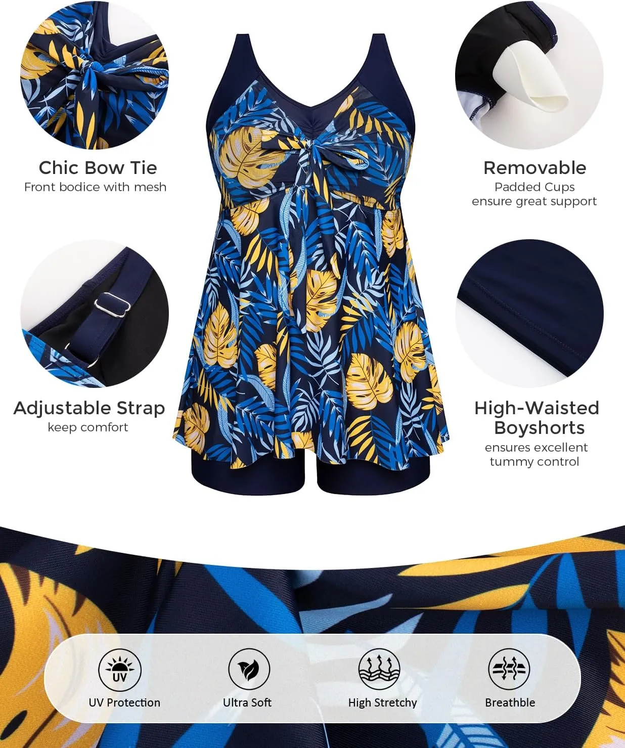 Hanna Nikole Womens Plus Size Tankini Swimsuit V Neck Tie Wrap Flowy Swim Tops with Boy Shorts Bathing Suit