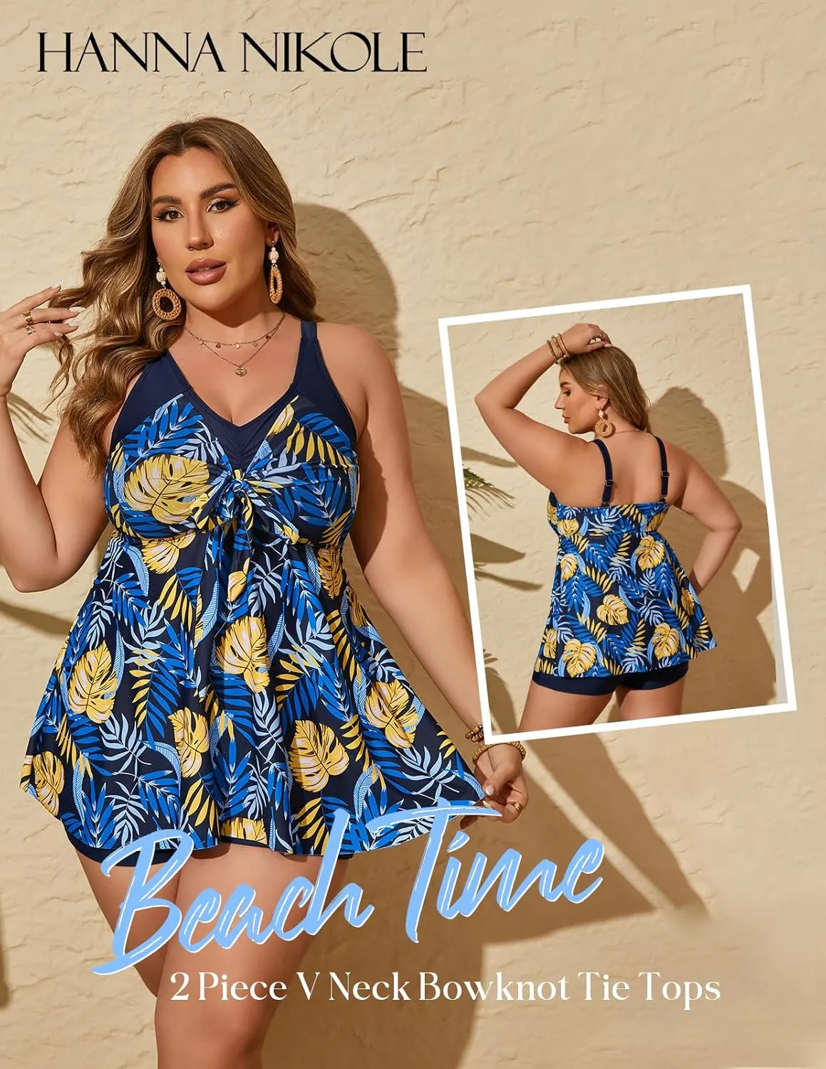 Hanna Nikole Womens Plus Size Tankini Swimsuit V Neck Tie Wrap Flowy Swim Tops with Boy Shorts Bathing Suit