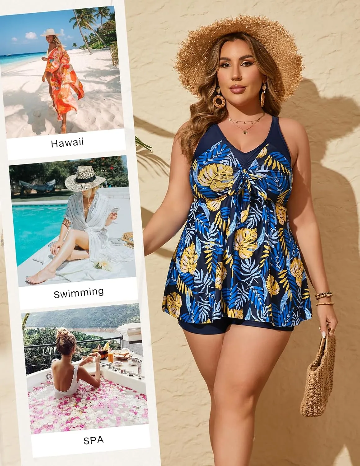 Hanna Nikole Womens Plus Size Tankini Swimsuit V Neck Tie Wrap Flowy Swim Tops with Boy Shorts Bathing Suit