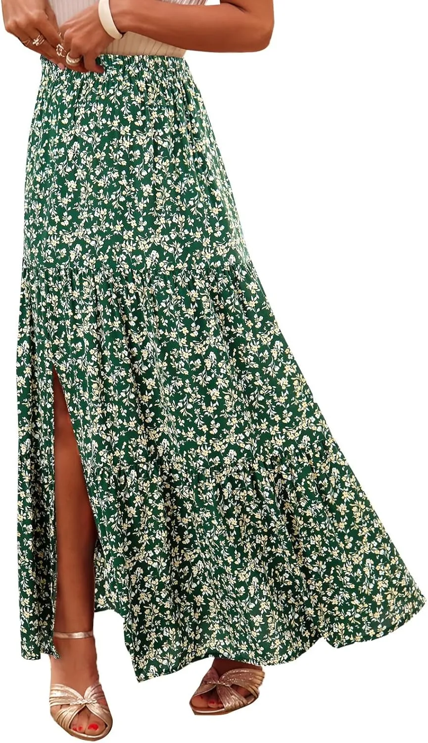 Happy Sailed Skirts for Women Spring Summer Boho Floral Print High Waist Flowy Split A Line Maxi Skirt with Pockets