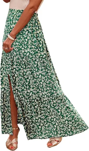 Happy Sailed Skirts for Women Spring Summer Boho Floral Print High Waist Flowy Split A Line Maxi Skirt with Pockets