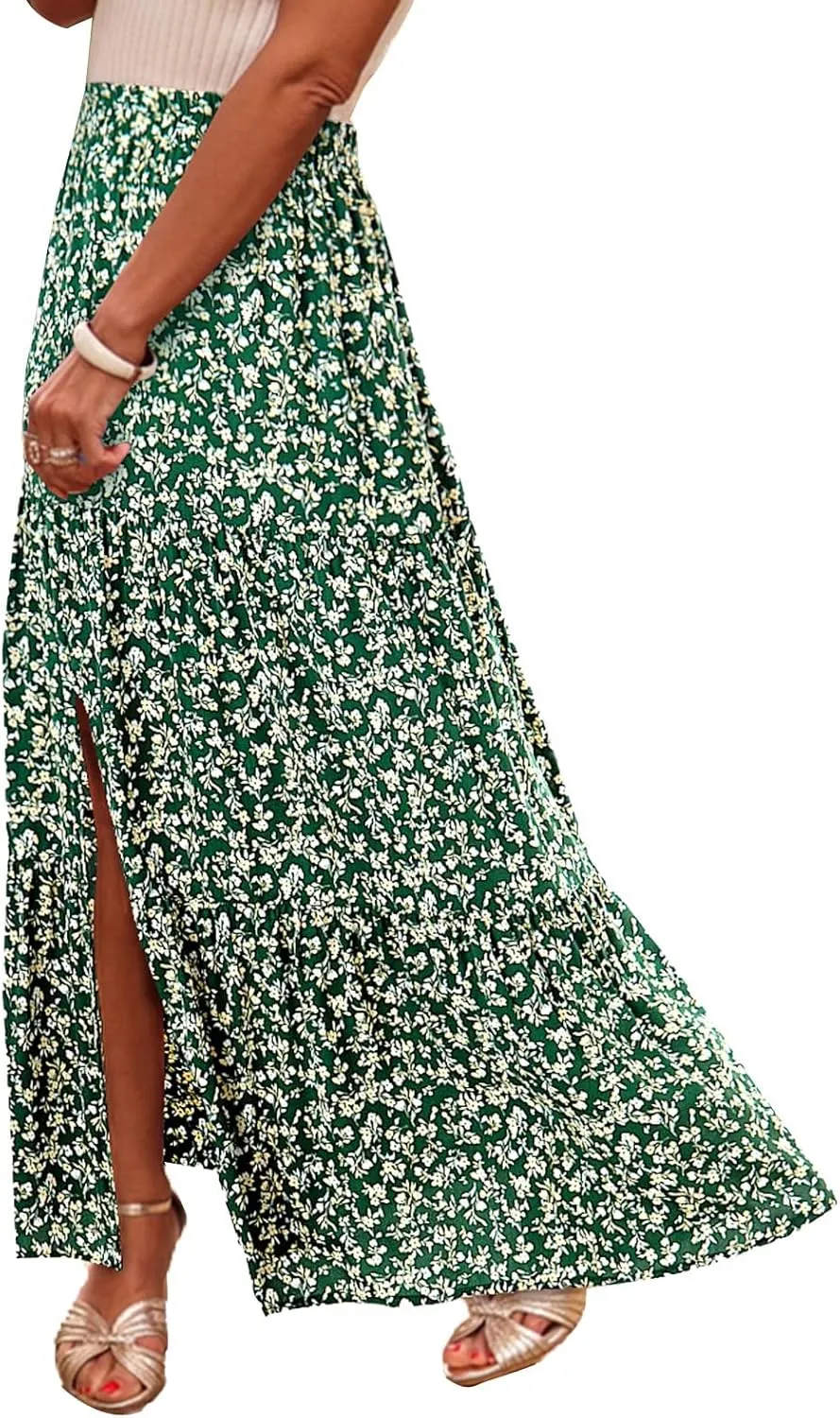 Happy Sailed Skirts for Women Spring Summer Boho Floral Print High Waist Flowy Split A Line Maxi Skirt with Pockets