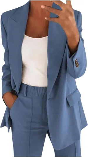HGps8w 2 Piece Outfits for Women Dressy Work Pants Suits, Blazer Jacket & Straight-Leg Long Pants Business Casual Clothes