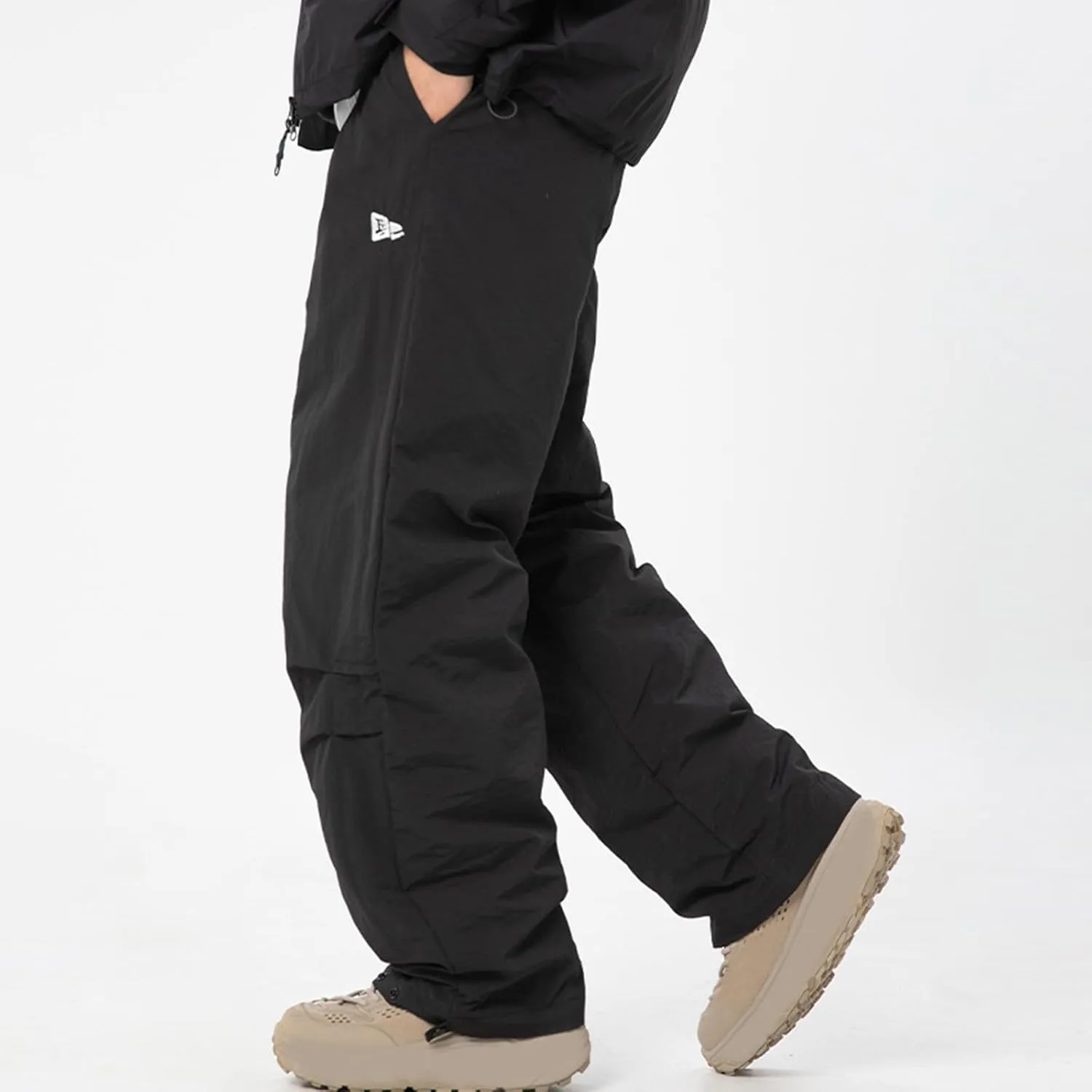 hlysgo Men Waterproof Pants Casual Loose Fit Fleece Lined Wide Leg Pants Drawstring Waist Outdoor Hiking Pants with Pockets