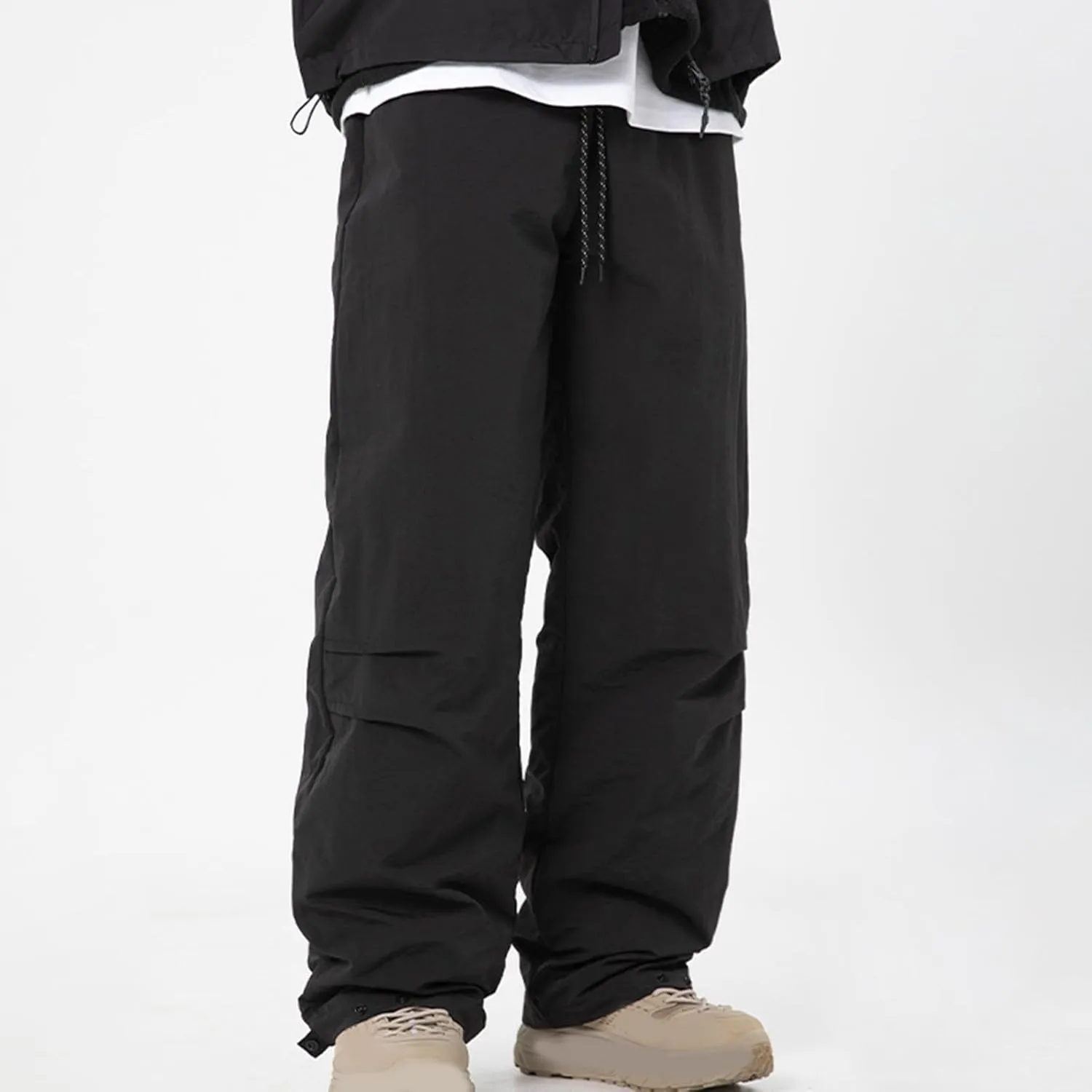 hlysgo Men Waterproof Pants Casual Loose Fit Fleece Lined Wide Leg Pants Drawstring Waist Outdoor Hiking Pants with Pockets