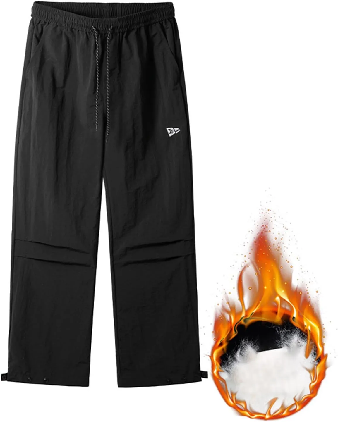 hlysgo Men Waterproof Pants Casual Loose Fit Fleece Lined Wide Leg Pants Drawstring Waist Outdoor Hiking Pants with Pockets