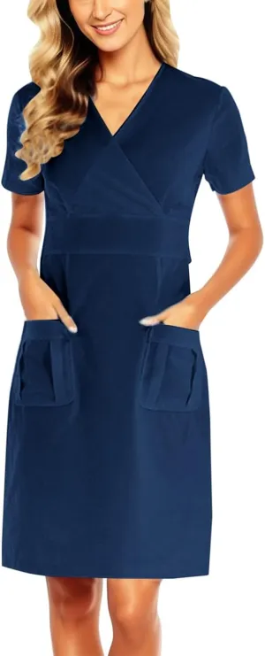 Holiday Scrub Dress for Women V Neck Short Sleeve Working Uniform Solid Color Summer Nurse Scrubs with Pocket Workwear