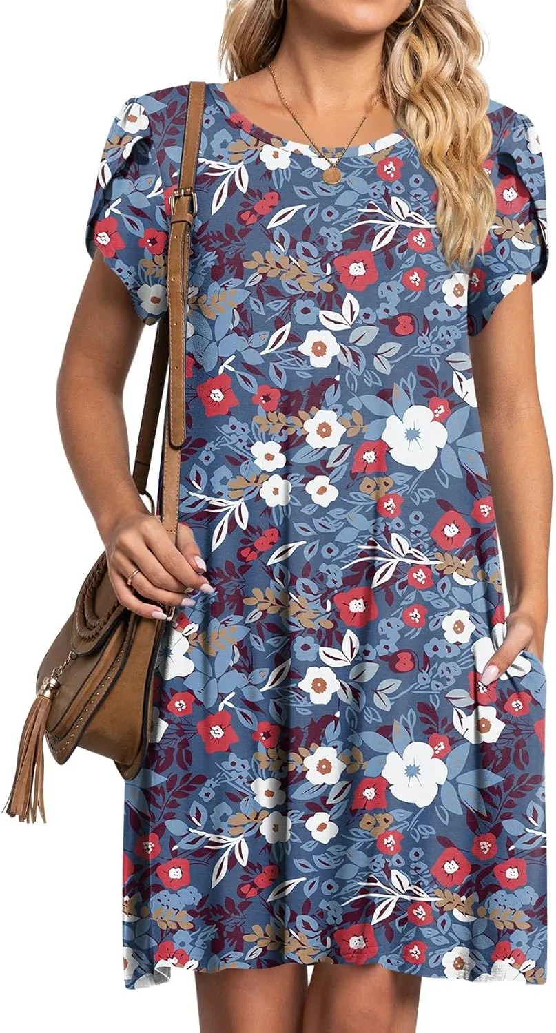 HOTGIFT 2025 Womens Dress Summer Short Sleeve Crewneck Sundress with Pockets M-4XL