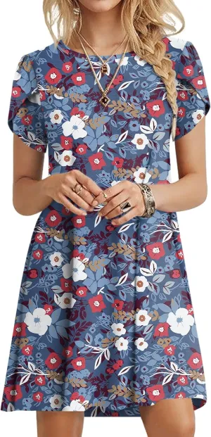 HOTGIFT 2025 Womens Dress Summer Short Sleeve Crewneck Sundress with Pockets M-4XL