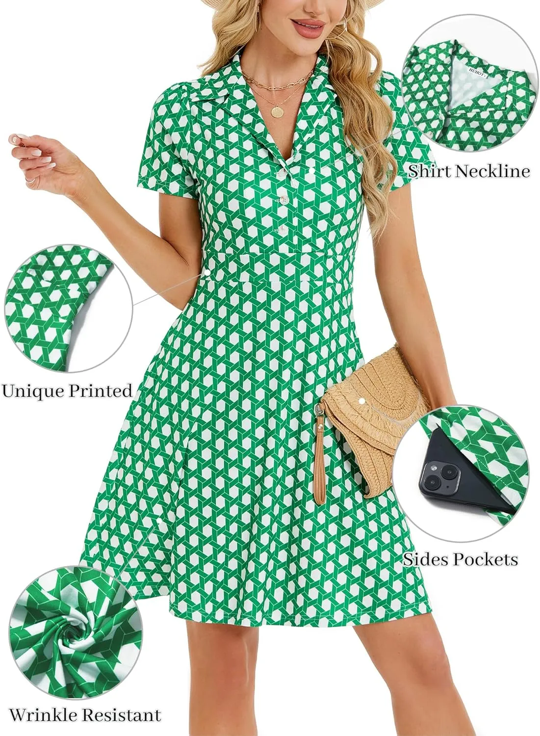 HUHOT Shirt Neckline Summer Dresses with Pocketes Vintage Sundress for Women 2025 Work Dress Church Midi Spring Dress