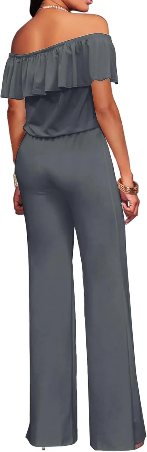 Hybrid & Company Women Casual Off Shoulder High Waist Pants Romper Wide Leg Jumpsuit