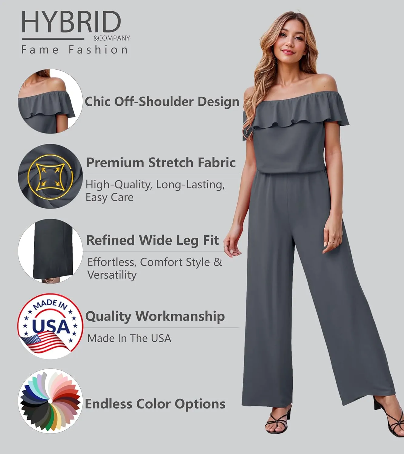 Hybrid & Company Women Casual Off Shoulder High Waist Pants Romper Wide Leg Jumpsuit