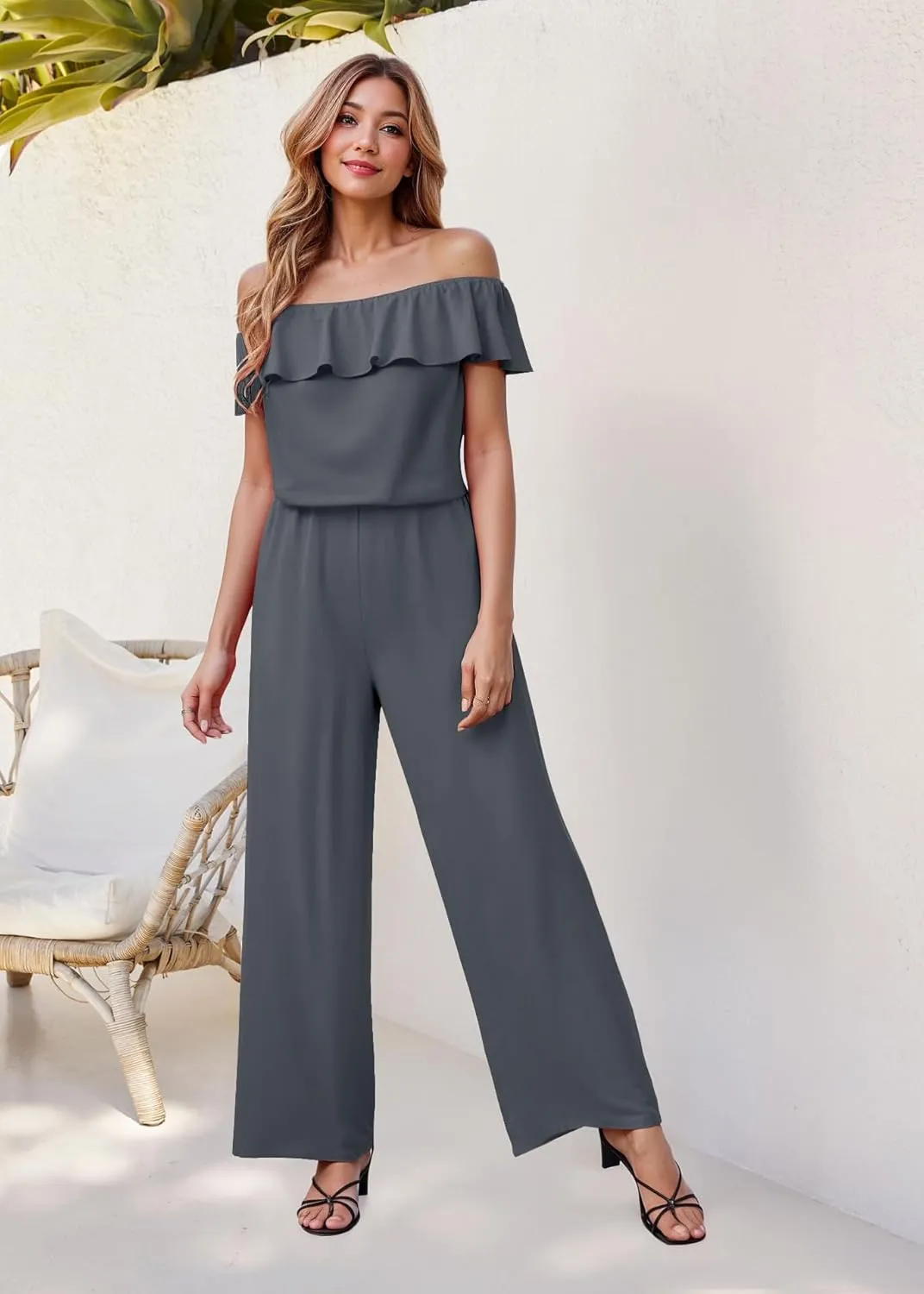 Hybrid & Company Women Casual Off Shoulder High Waist Pants Romper Wide Leg Jumpsuit