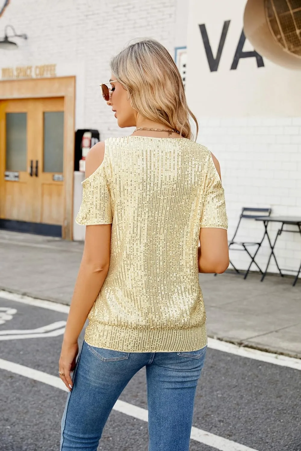 JASAMBAC Women's Sparkle Sequin Tops Shimmer Glitter Loose Cold Shoulder Party Tunic Batwing Dolman Dressy Tops