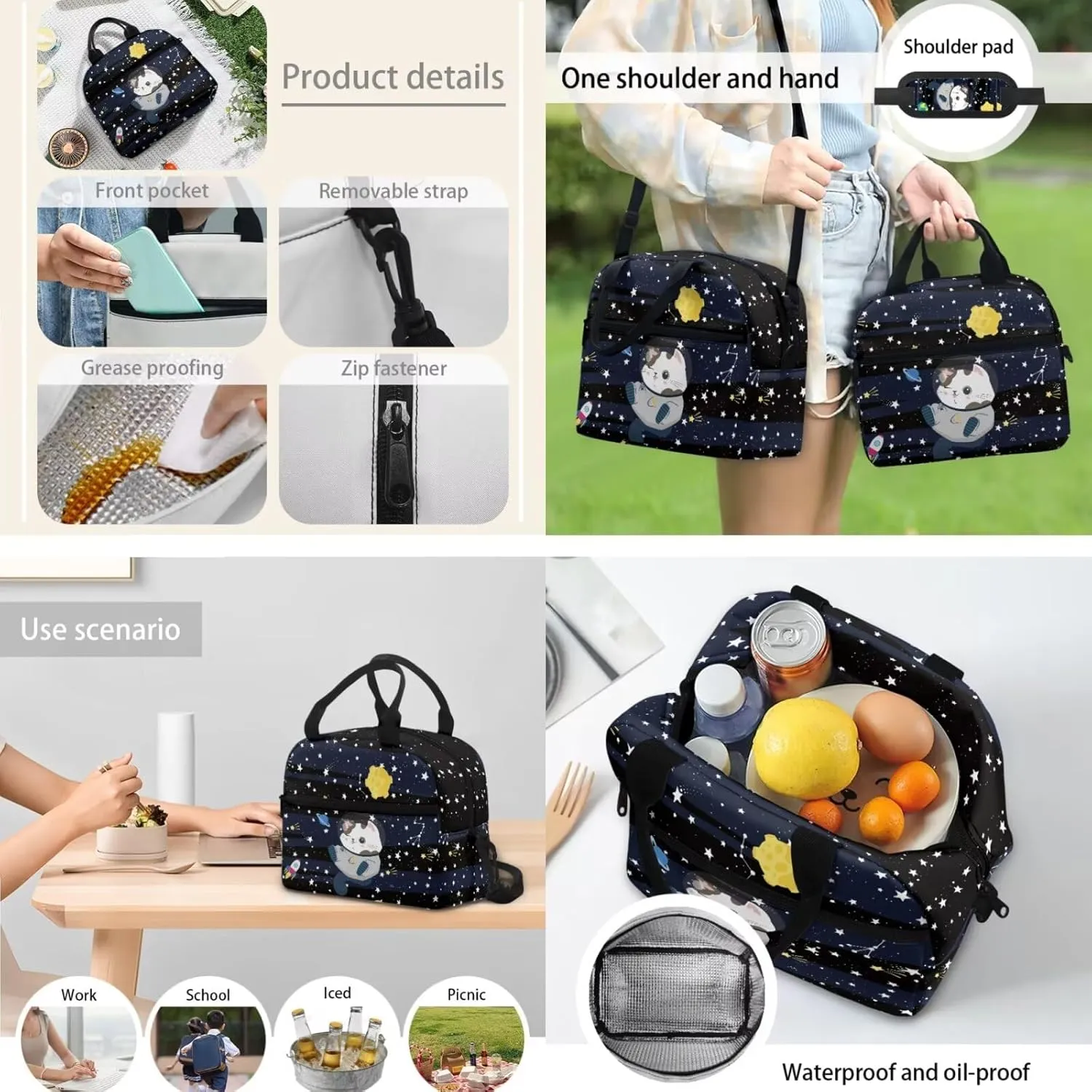 JHQFWMFJ School Bag Set 3 in 1 Cat School Backpack with Lunch Box Elementary School Backpack Pen Case for Girls Thermal Insulated Lunch Bag for Kids