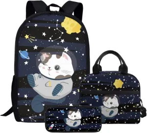 JHQFWMFJ School Bag Set 3 in 1 Cat School Backpack with Lunch Box Elementary School Backpack Pen Case for Girls Thermal Insulated Lunch Bag for Kids