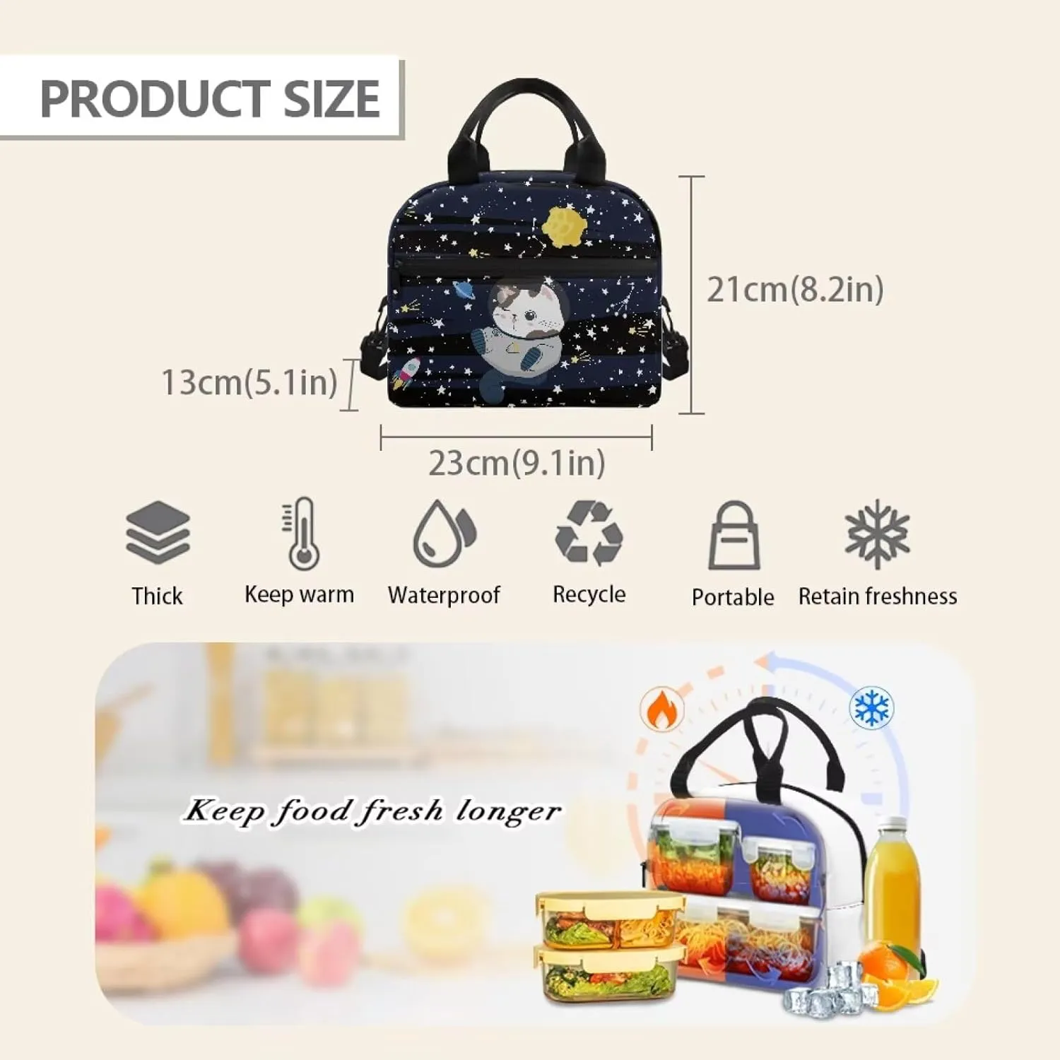 JHQFWMFJ School Bag Set 3 in 1 Cat School Backpack with Lunch Box Elementary School Backpack Pen Case for Girls Thermal Insulated Lunch Bag for Kids