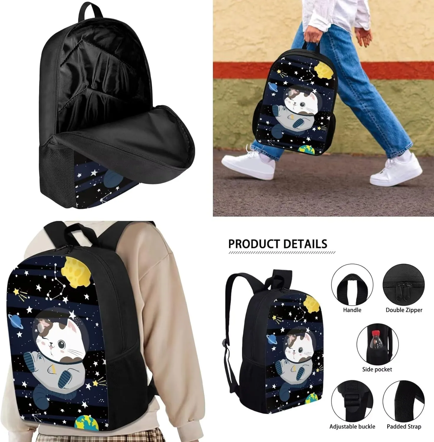 JHQFWMFJ School Bag Set 3 in 1 Cat School Backpack with Lunch Box Elementary School Backpack Pen Case for Girls Thermal Insulated Lunch Bag for Kids