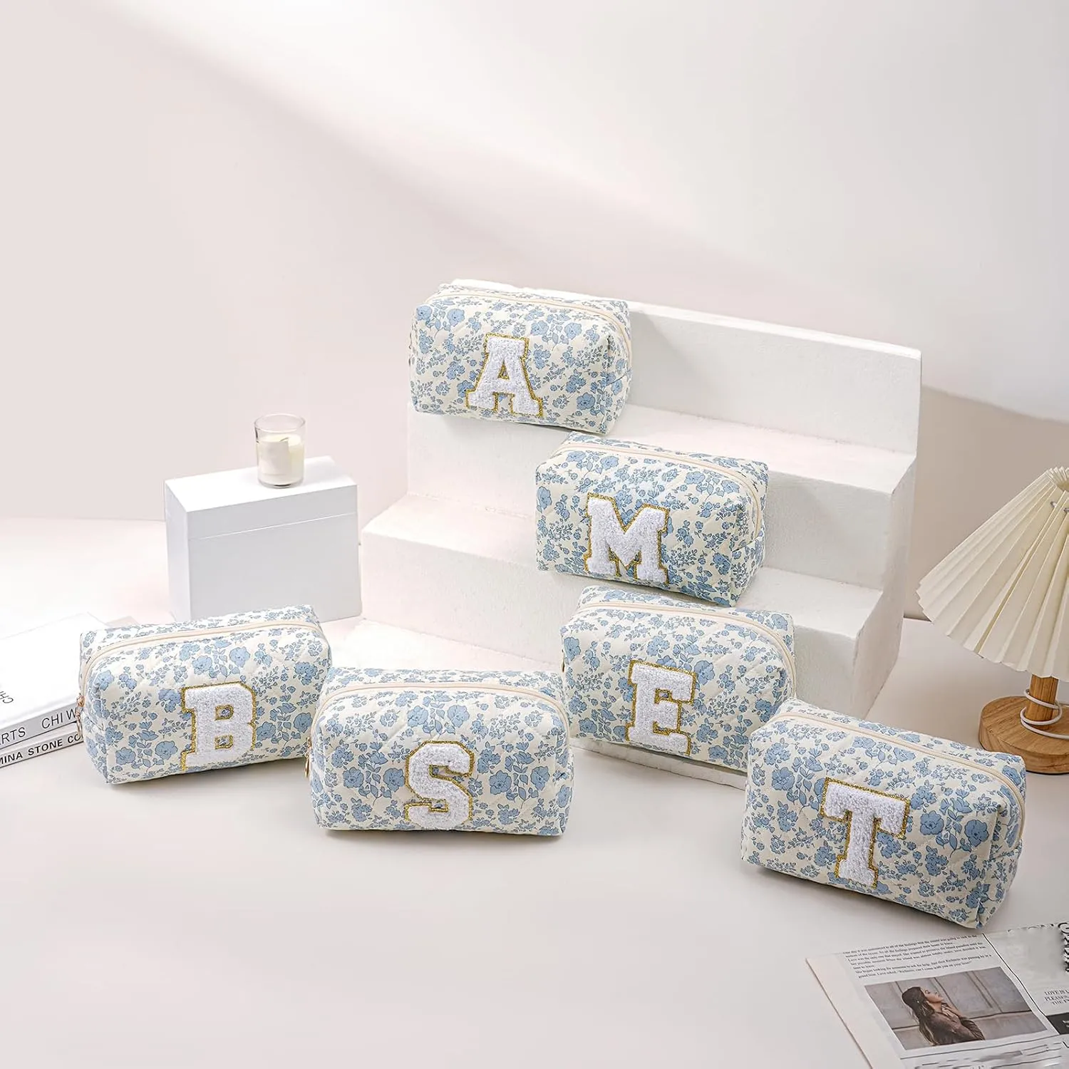 JOVAKIT Alphabet Makeup Bag Cosmetic Bag for Women, Christmas Gifts for Girls Age 6-18, Floral Flowers Coquette Travel Toiletry Zipper Make Up Pouch Organizer Trendy Stuff (Blue Floral M)