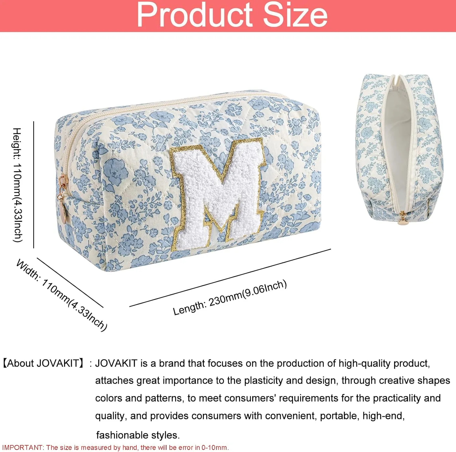 JOVAKIT Alphabet Makeup Bag Cosmetic Bag for Women, Christmas Gifts for Girls Age 6-18, Floral Flowers Coquette Travel Toiletry Zipper Make Up Pouch Organizer Trendy Stuff (Blue Floral M)