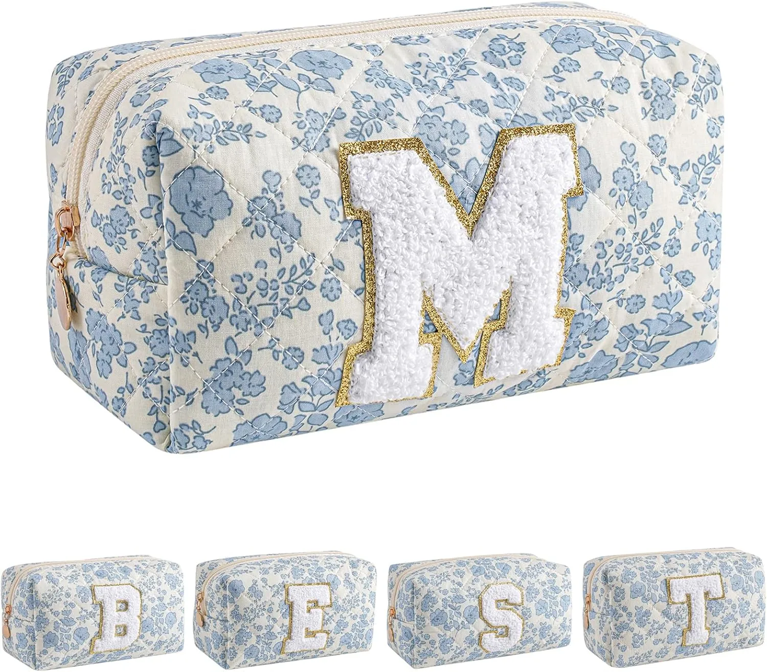 JOVAKIT Alphabet Makeup Bag Cosmetic Bag for Women, Christmas Gifts for Girls Age 6-18, Floral Flowers Coquette Travel Toiletry Zipper Make Up Pouch Organizer Trendy Stuff (Blue Floral M)