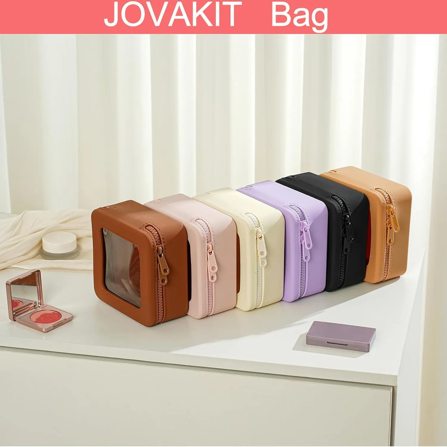 JOVAKIT Clear Makeup Bag Square Portable Silicone Travel Cosmetic Bag for Women, Transparent Toiletry Bags, Gifts for Women Make Up Pouch Car Organizer Case with Zippers for Essentials (Pink)