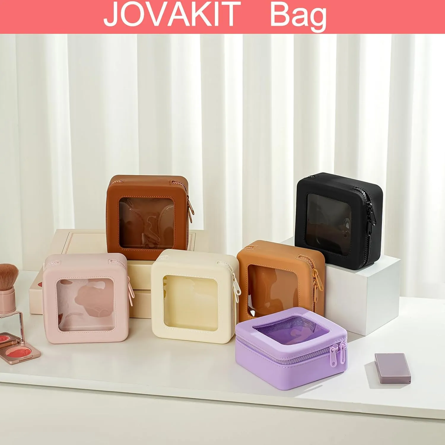 JOVAKIT Clear Makeup Bag Square Portable Silicone Travel Cosmetic Bag for Women, Transparent Toiletry Bags, Gifts for Women Make Up Pouch Car Organizer Case with Zippers for Essentials (Pink)