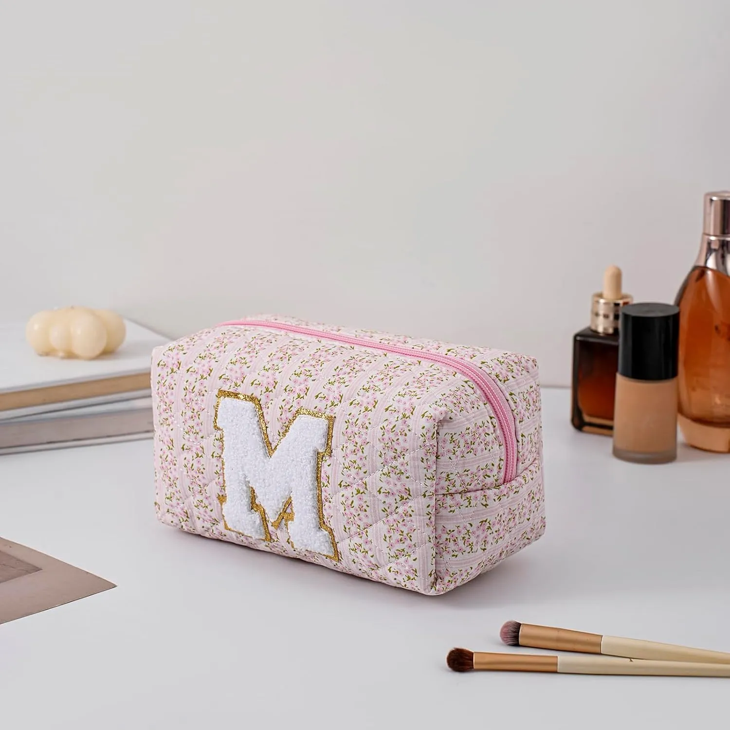 JOVAKIT Makeup Bag Cosmetic Bags for Women, Christmas Gifts for Girls Age 6-18, Alphabet Pink Floral Coquette Zipper Travel Makeup Pouch, Organizer Case Trendy Stuff (Pink Floral M)