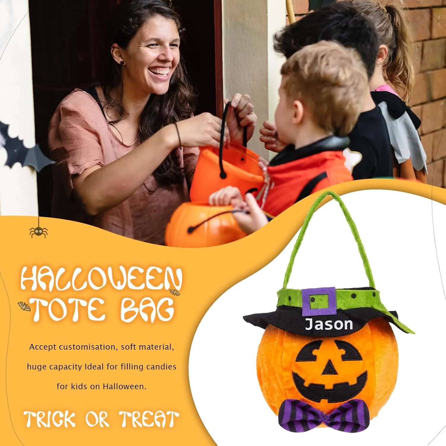 kaululu Halloween Candy Bucket Halloween Candy Bags Halloween Trick or Treat Bucket Bag Custom Name Embroidered Candy Basket (HG)