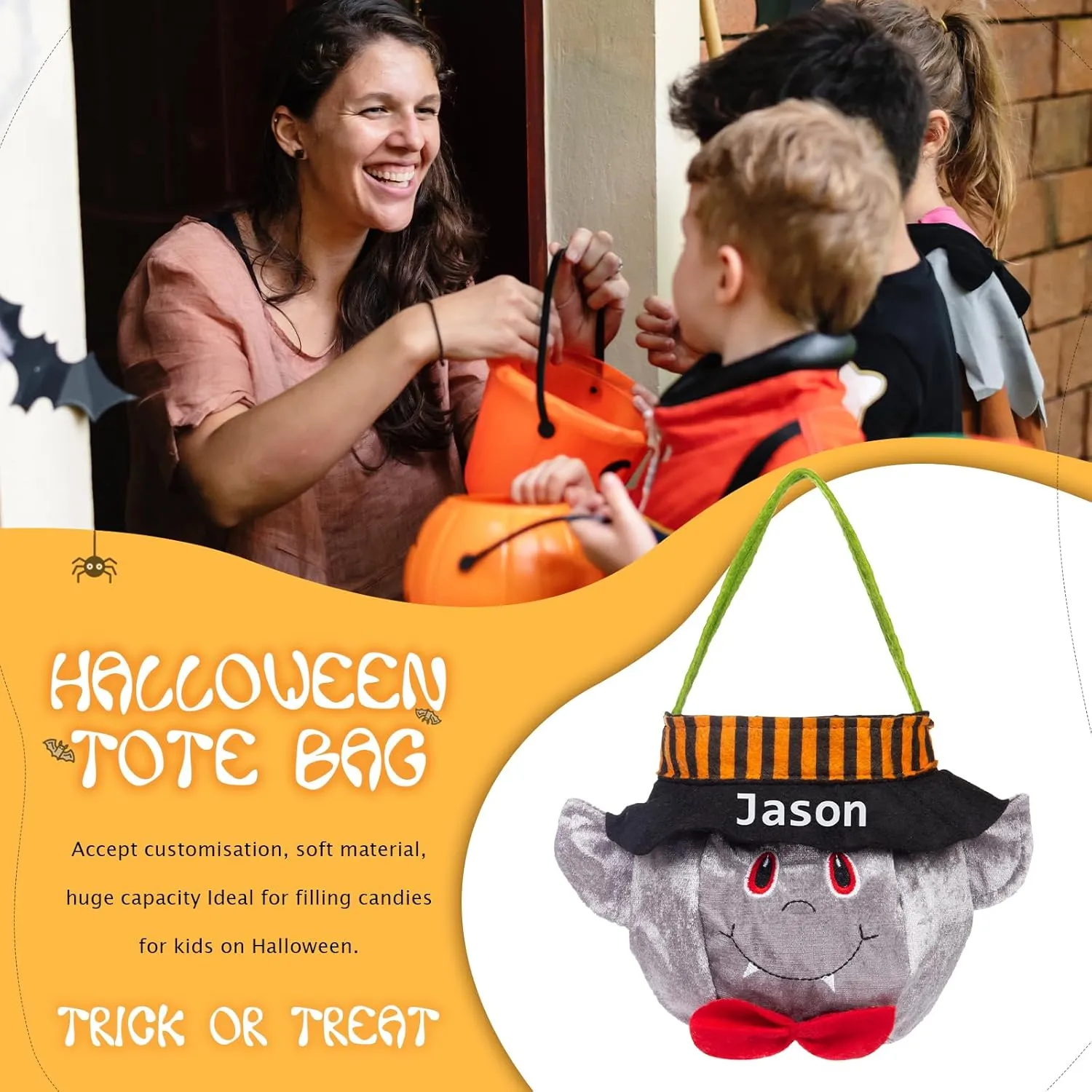 kaululu Halloween Candy Bucket Halloween Candy Bags Halloween Trick or Treat Bucket Bag Custom Name Embroidered Candy Basket (HG)