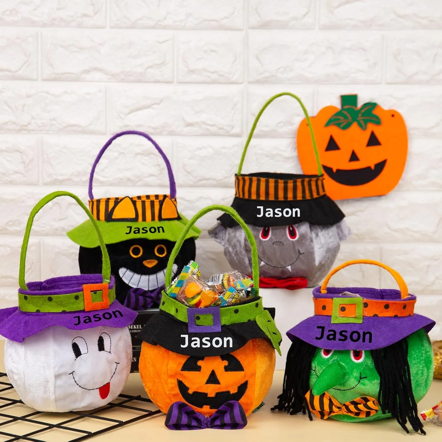 kaululu Halloween Candy Bucket Halloween Candy Bags Halloween Trick or Treat Bucket Bag Custom Name Embroidered Candy Basket (HG)