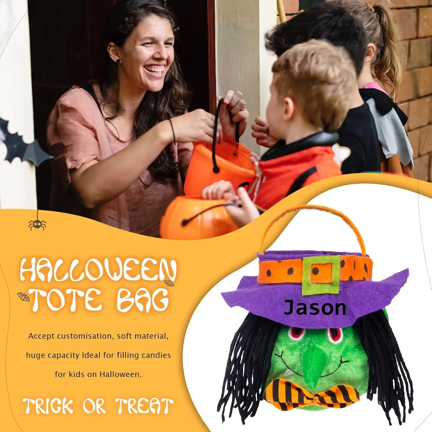 kaululu Halloween Candy Bucket Halloween Candy Bags Halloween Trick or Treat Bucket Bag Custom Name Embroidered Candy Basket (HG)