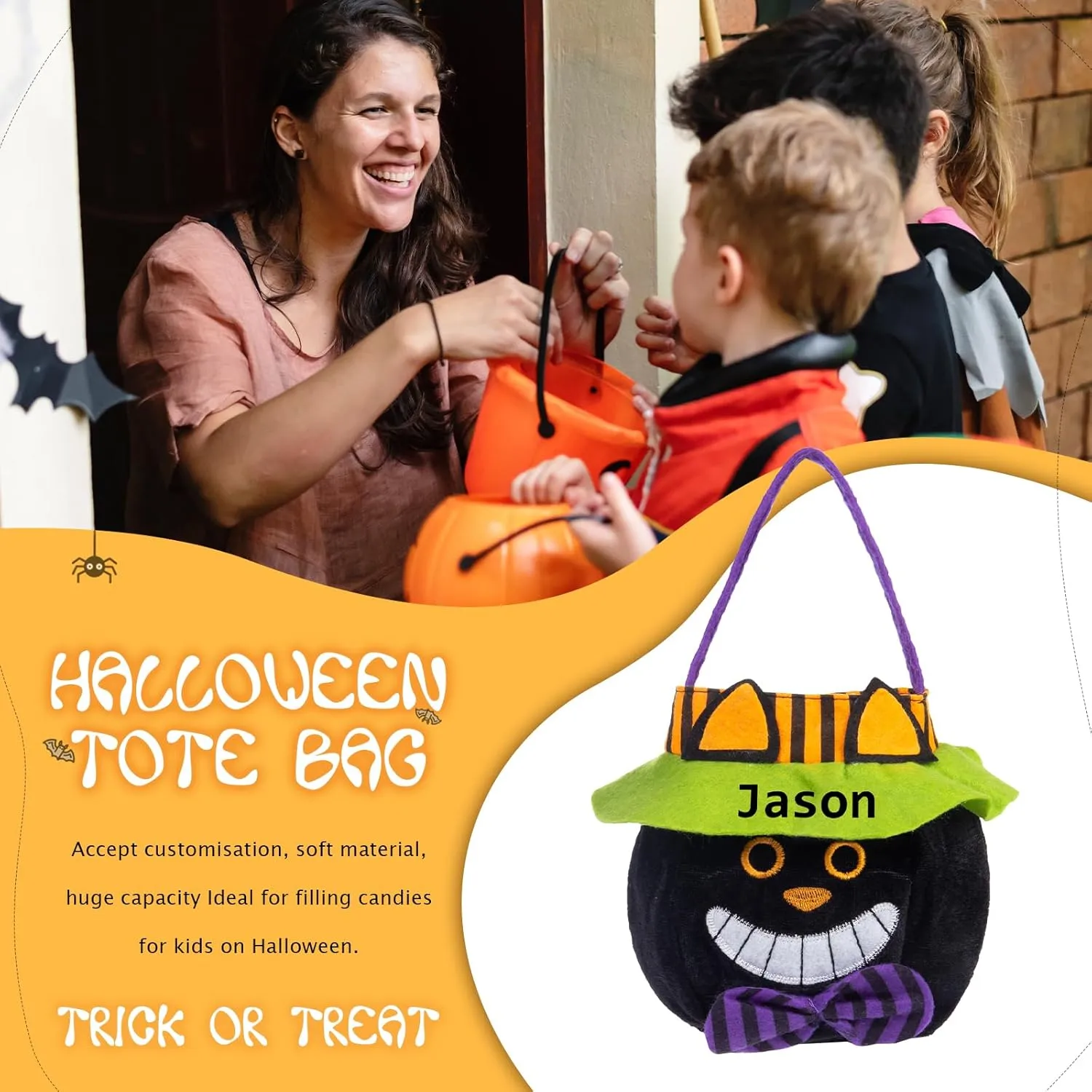 kaululu Halloween Candy Bucket Halloween Candy Bags Halloween Trick or Treat Bucket Bag Custom Name Embroidered Candy Basket (HG)