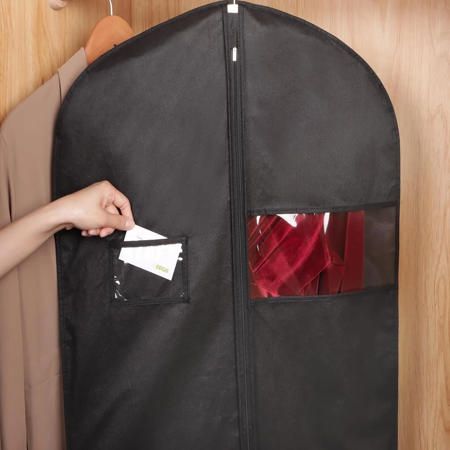 KEEGH 60'' Dress Bags for Gowns Long(Set of 15), Garment Bags for Hanging Clothes, Dress Bags for Closet Storage, Clothes Cover for Hanging Coats Dresses with Clear Window and Label Pocket, Black