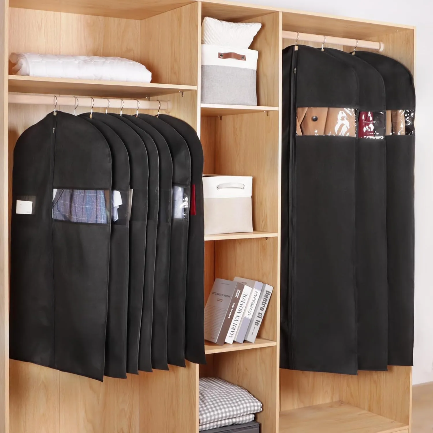 KEEGH 60'' Dress Bags for Gowns Long(Set of 15), Garment Bags for Hanging Clothes, Dress Bags for Closet Storage, Clothes Cover for Hanging Coats Dresses with Clear Window and Label Pocket, Black
