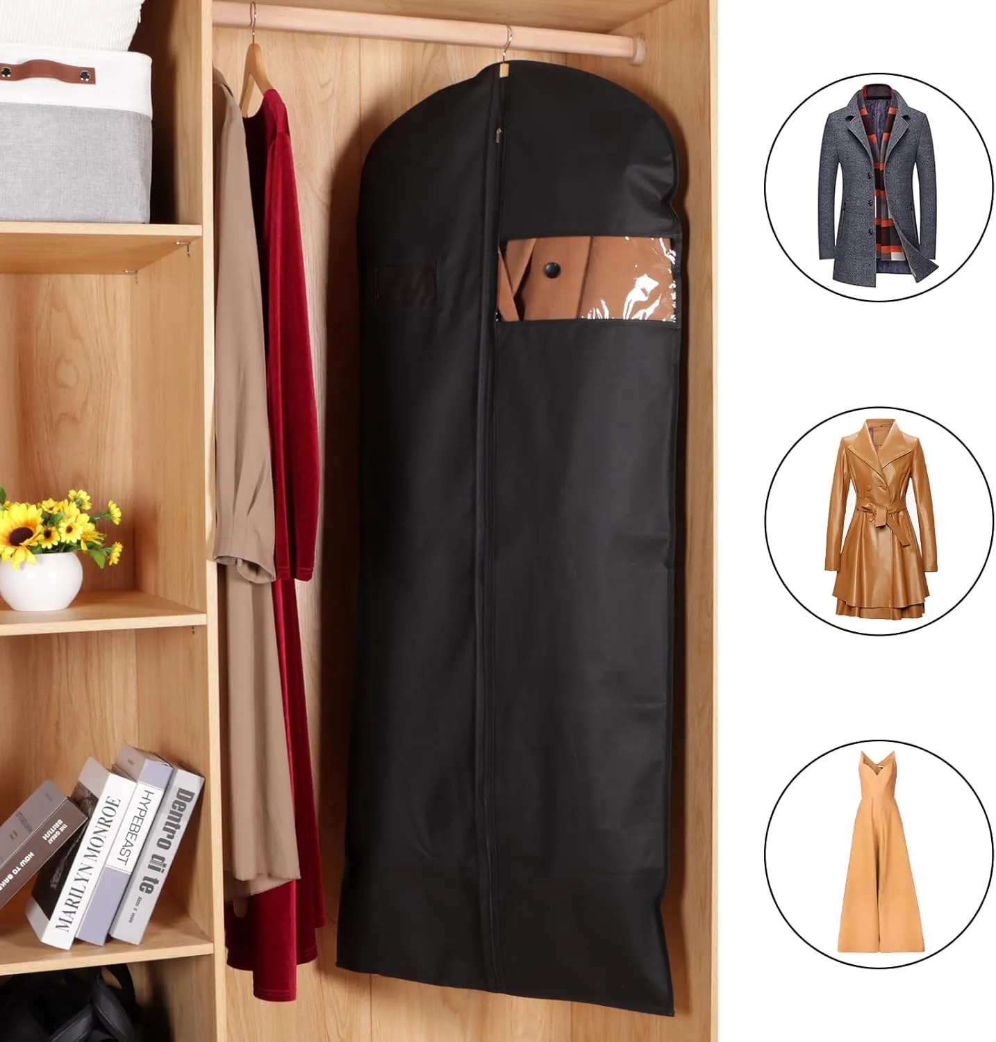 KEEGH 60'' Dress Bags for Gowns Long(Set of 15), Garment Bags for Hanging Clothes, Dress Bags for Closet Storage, Clothes Cover for Hanging Coats Dresses with Clear Window and Label Pocket, Black